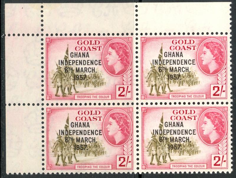 GHANA 1957 2sh INDEPENDENCE OVPT Block of 4 Sc 11 MNH