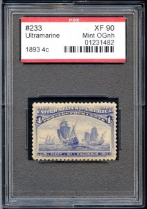 US SCOTT #233 MINT-XF-OG-NH GRADED 90 PSE ENCAPSULATED SMQ $350 (7/23/24 GP)