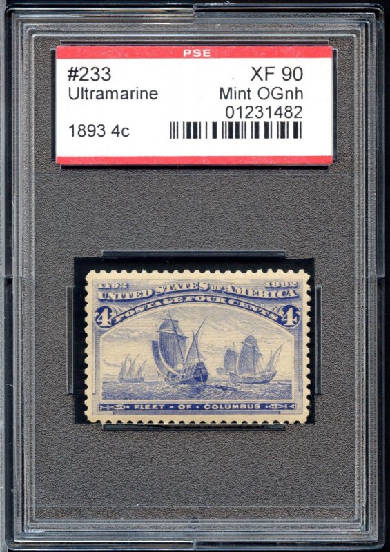 US SCOTT #233 MINT-XF-OG-NH GRADED 90 PSE ENCAPSULATED SMQ $350 (7/23/24 GP)