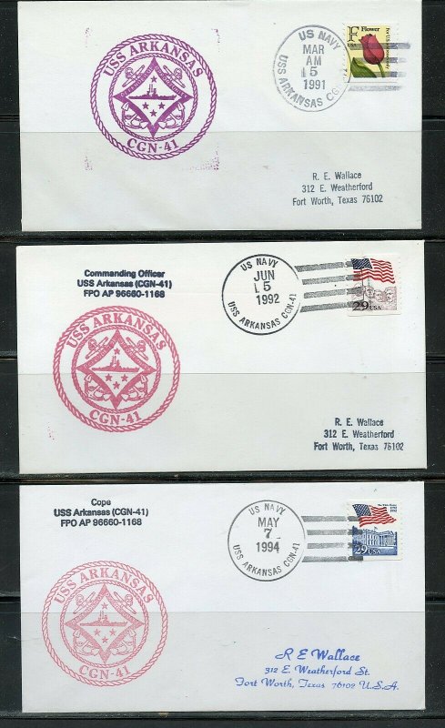 USS ARKANSAS (CGN-41)  LOT OF 15 COVERS 1994-1991 WITH DUPLICATION AS SHOWN (3)