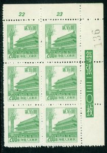 China 1954 PRC R7 Definitives 200 Fen Green Scott 208 Inscr Block Mint W494 ⭐