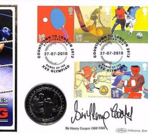GB COIN COVER Signed *Sir Henry Cooper* OLYMPICS Benham FDC BOXING 2012 MS2711 