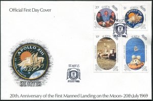 St Kitts 248-251,252, FDC. Mi 252-255, 256 Bl.9. Moon landing, 20th Ann. 1989.