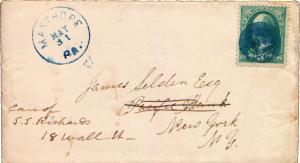 United States Pennsylvania Masthope 1881 blue cork killer  1853-1937  3c Wash...