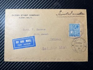 1931 Malta Airmail First Flight Cover FFC Valletta to Tripoli Libya