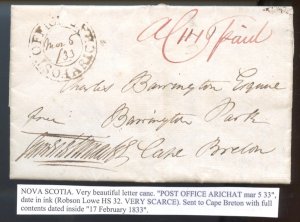 ? POST OFFICE ARICHAT 1833 very scarce to Cape Breton contents SFL Canada PB