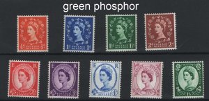 GB 1960 Green phosphor set of 9, ½d - 1/3d unmounted mint incl 2d one band