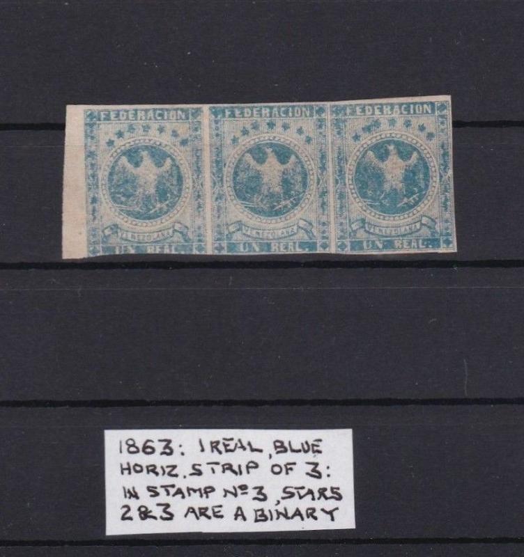 VENEZUELA 1863  1 REAL BLUE HORIZONTAL STRIP OF 3 IMPERF STAMPS      REF 6290