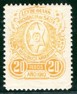 ARGENTINA *SALTA* Local Revenue Stamp 20P *LEY DE GUIAS* 1910 Mint MM GR2WHITE10