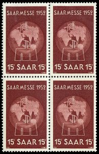 Saar #231 (MI. 317) Cat€12, 1952 Globe and Fair Building, block of four, ne...