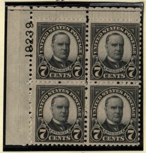 1927 McKinley 7c  Sc 639 MNH full original gum, plate block of 4