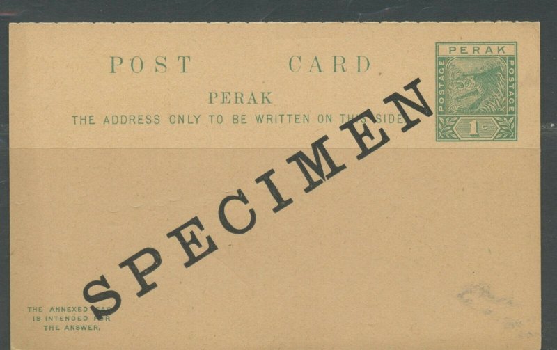 MALAYA PERAK SPECIMEN 1C GREEN TIGER POSTAL STATIONERY POSTCARD AS SHOWN