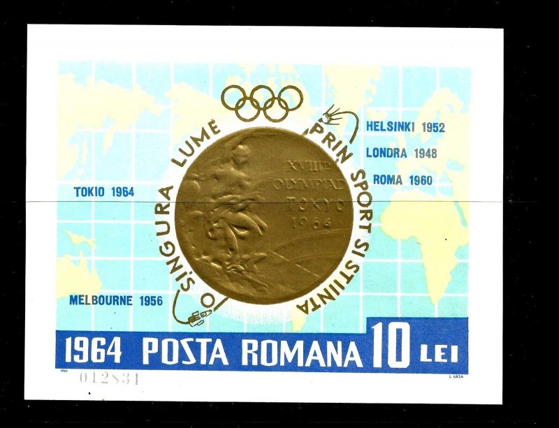 ROMANIA Sc 1691-98 NH PERF+IMPERF SETS+SOUVENIR SHEET of 1964 - OLYMPICS-MEDALS