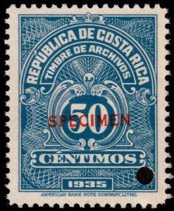 ✔️ COSTA RICA 1935 - FISCAL TAX REVENUE SPECIMEN & PUNCH MNH [050] VERY RARE !