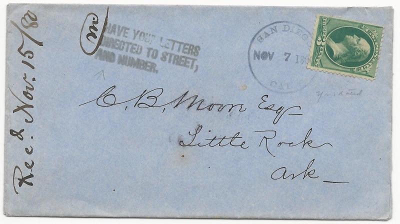 US Scott #184 on Cover San Diego, CA November 15, 1880 Aux PM