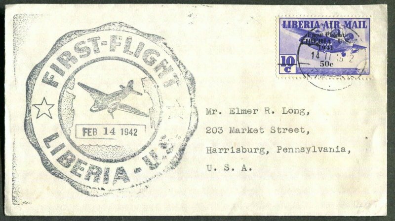 Liberia Overprint 50c On 10c 1941 Issued ~ First Flight 1942 To U.S.