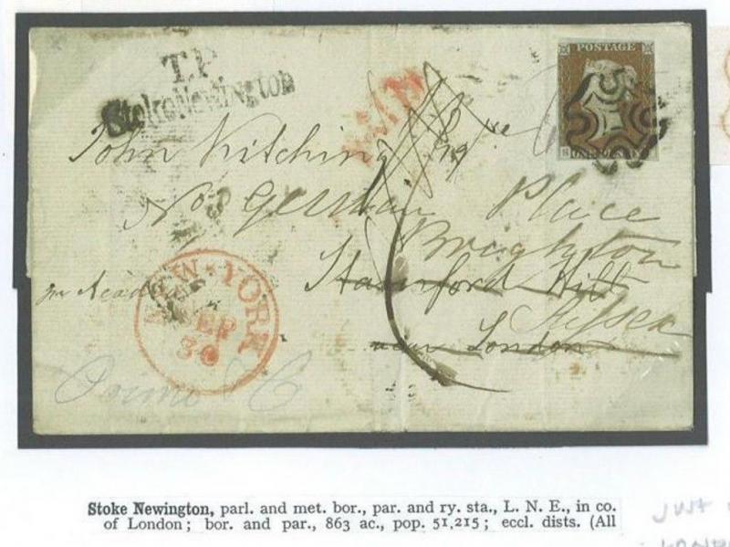 S25a PENNY RED TRANSATLANTIC COVER 1842 USA Forwarded Stoke Newington London MX