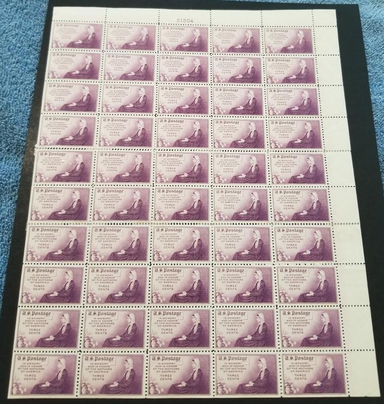 US #738 FULL SHEET, 3c Mothers Day Flat Plate, VF mint hinged, 30 stamps neve...