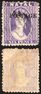 Natal SG83 6d Violet Wmk CC Opt POSTAGE (Davis) Cat 9 pounds