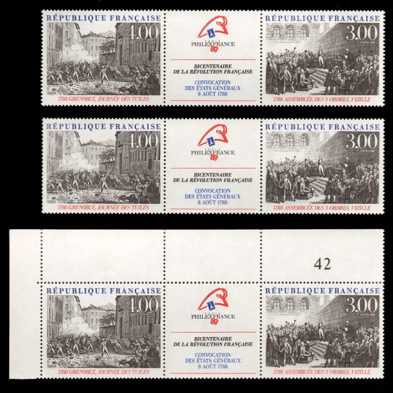PHILEX FRANCE Revolution Bicentennial Sc 2122a x3 (2121-2122) MNH Stamp Strips