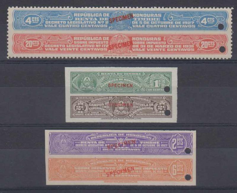 HONDURAS 1927-33 REVENUES TIMBRE 3 BICOLORED PAIRS PERF & IMPERF PROOFS SPECIMEN 