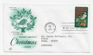 US 1445 8c Christmas - Partridge single on FDC Artcraft Cachet ECV $10.00