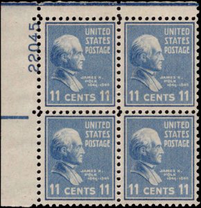 US #816 11¢ JAMES POLK MNH UL PLATE BLOCK #22045 DURLAND $3.75