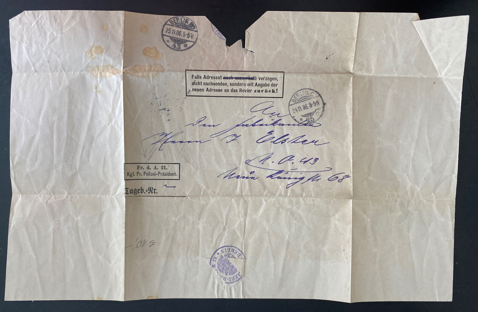 1906 Berlin Germany Police President letter Sheet Official cover