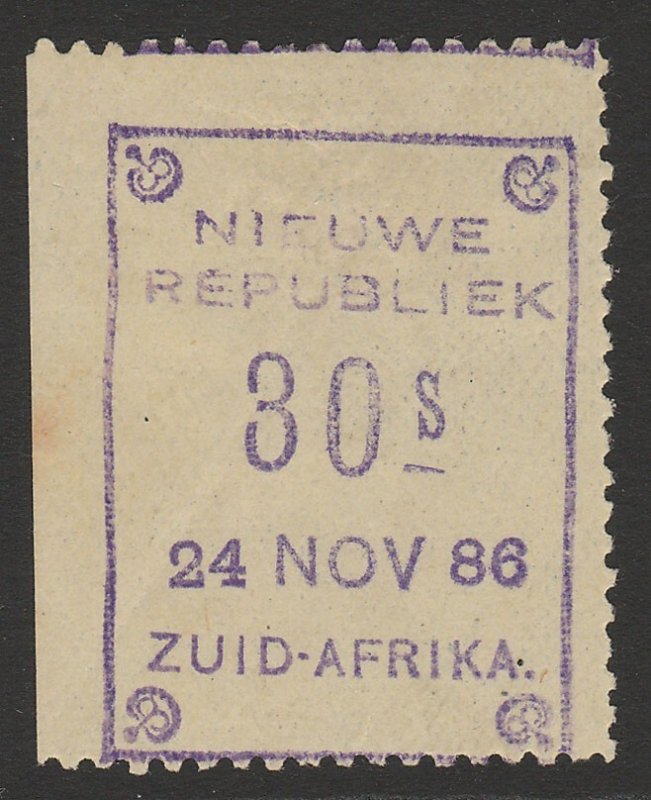 TRANSVAAL - NEW REPUBLIC 1886 (24 Nov) 30s violet on yellow paper imperf at left