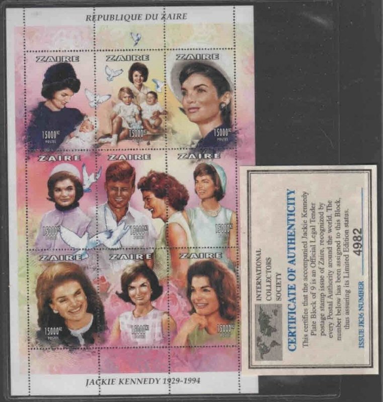 ZAIRE #1481 1997 JACQUELINE KENNEDY MINT VF NH SHT9 W/CERT. aa 