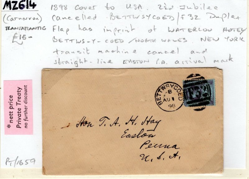 GB WALES Transatlantic Cover *BETTWSYCOED/ F32* Duplex USA Penn 1898 MZ614 