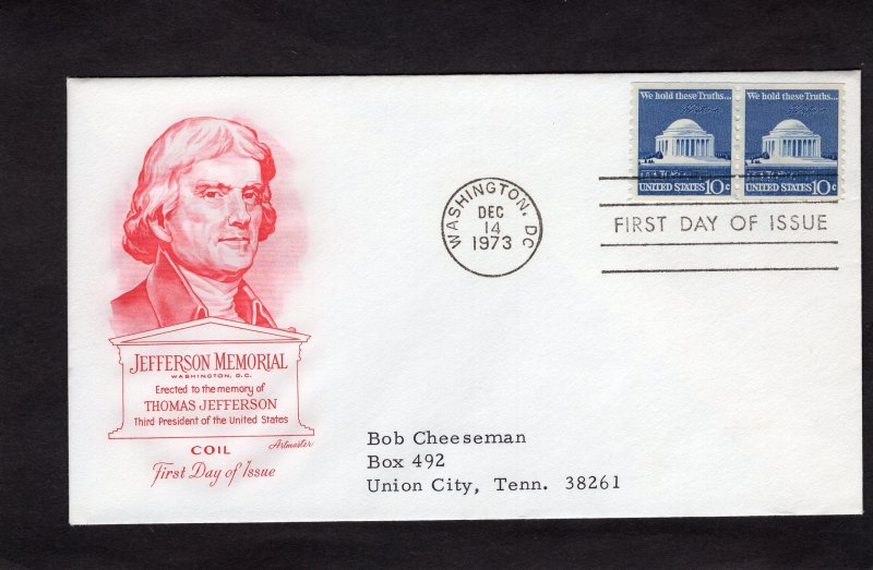 1520 Jefferson Memorial, coil pair FDC Artmaster addressed