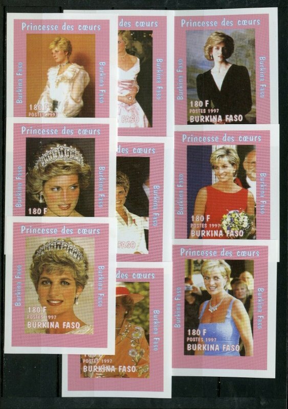 BURKINA FASO PRINCESS DIANA SET OF 9 DELUXE SOUVENIR SHEETS II MINT NEVER HINGED 