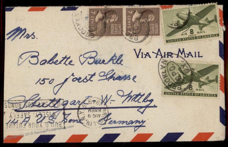 USA 2x 7c Prexie Jackson 1949 Airmail Brooklyn NY Stuttgart Germany Cover 80126