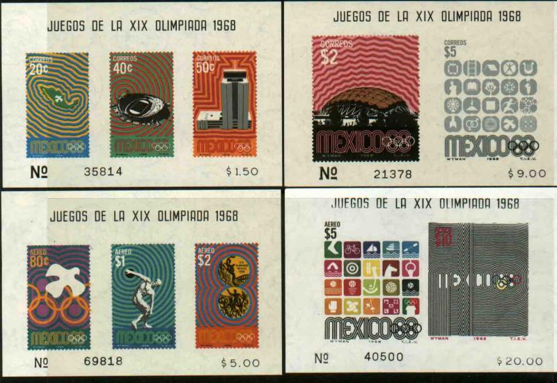 MEXICO 998a, 1000a, C342a, C344a, 1968 Olympics, Souv Sheet SET OF 4. MNH, VF