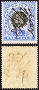 Natal SG142 One Pound Black and Bright Blue Fiscal Cancel