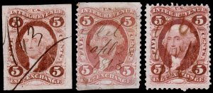 United States Revenue Scott R27a, R27b, R27c (1862-71) Used F, CV $17.35 W