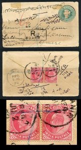 India QV 1/2a Stationary uprated with KEVII 1a Pair used from Bikaner to Ajmer