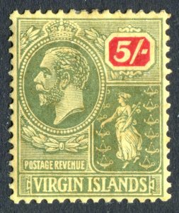 British Virgin Is BVI 1922 KGV. 5s green & red/pale yell. Mint H. MCCA. SG85.