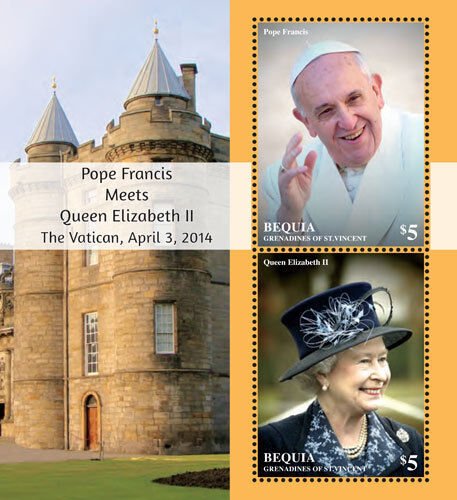 BEQUIA 2014 - POPE FRANCIS MEETS QUEEN ELIZABETH II SHEET OF 2 STAMPS (#2) MNH