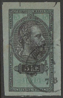 AUSTRIA  1875 5kr  Revenue Stamped Paper, cut-out with 1878 postmark/cancel