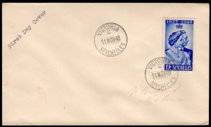 SEYCHELLES 1948 SILVER WEDDING 9C FDC POSTAL HISTORY cancel in Victoria