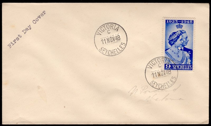 SEYCHELLES 1948 SILVER WEDDING 9C FDC POSTAL HISTORY cancel in Victoria