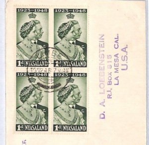 NYASALAND FDC 1948 SILVER WEDDING 1d Block{4} Limbe USA CA La Mesa YR114