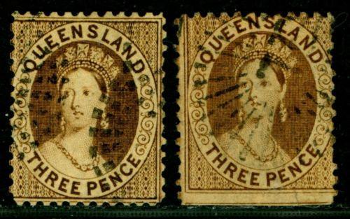 Australia - QUEENSLAND 1876  Victoria 3p brown Sc# 47 x2 ...