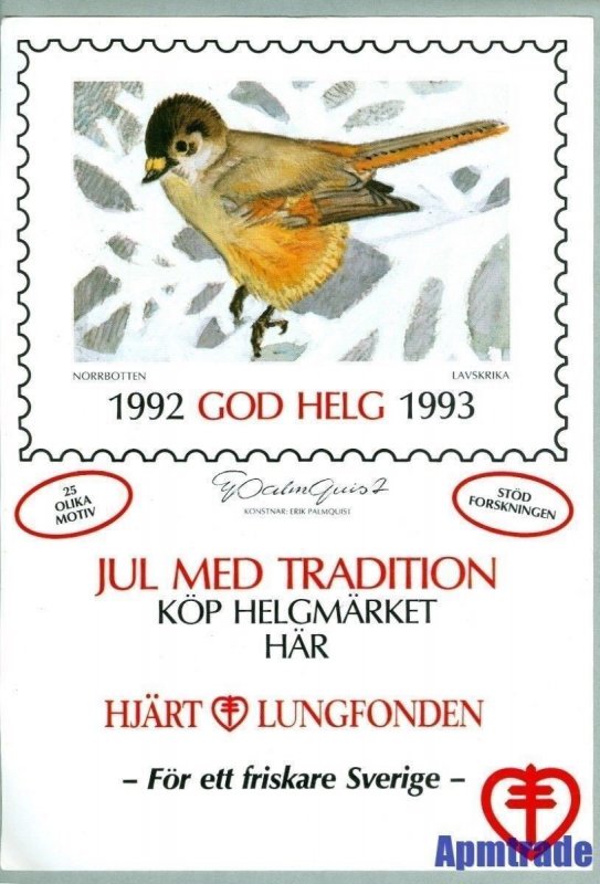 Sweden.Christmas Seal.1992/93. Post Office / Store, Display Sign. Used. Bird,