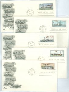 US 2405-2409 1989 25c steamboats, set of 5 on 5 cacheted, artcraft, unaddressed fdcs