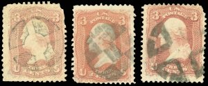 Scott #65, LOT/3 Different Black CROSSROADS / SEGMENTED CIRCLES Fancy Cancels!