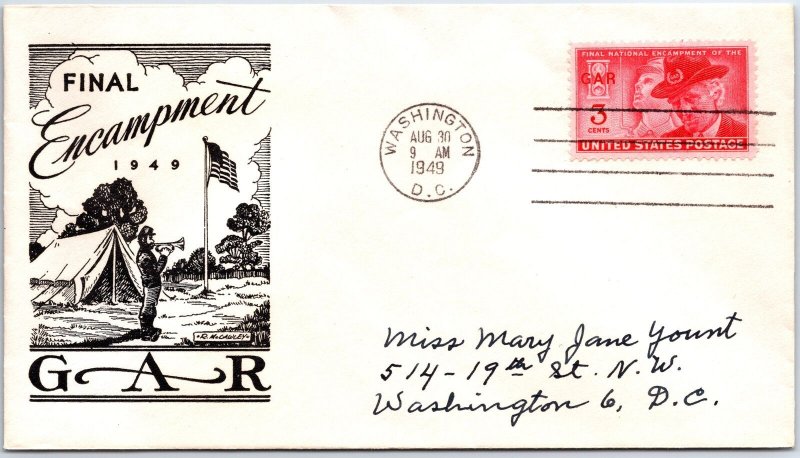 U.S. FIRST DAY COVER FINAL ENCAMPMENT OF THE GAR CACHET BY R. McCAULEY 1949