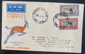 1932 Sudan First Flight Airmail Cover To Cape Town South Africa 30 Flown Imperia